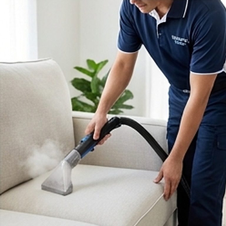 worker using steam cleaner on upholstery