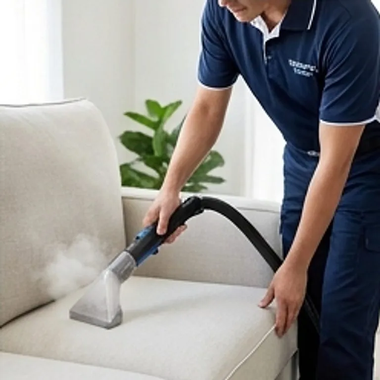 worker using steam cleaner on upholstery