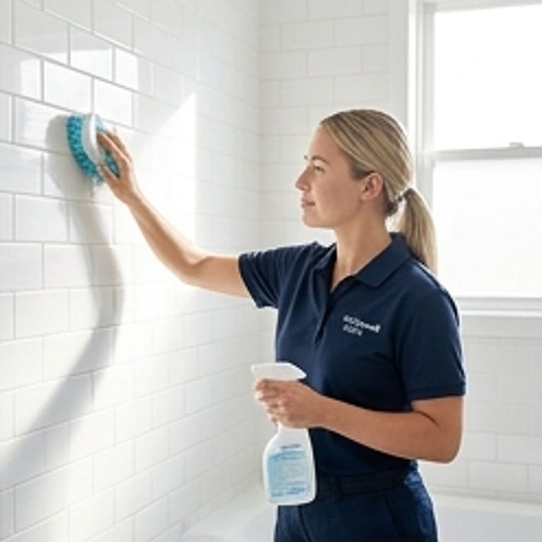 employee scrubbing bathroom tiles