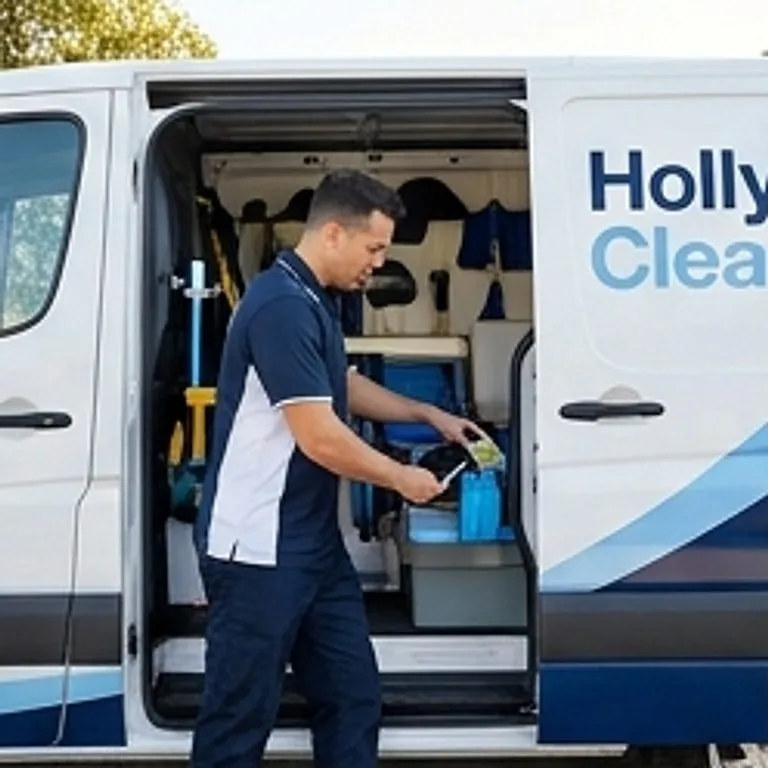 cleaning team organizing tools in van